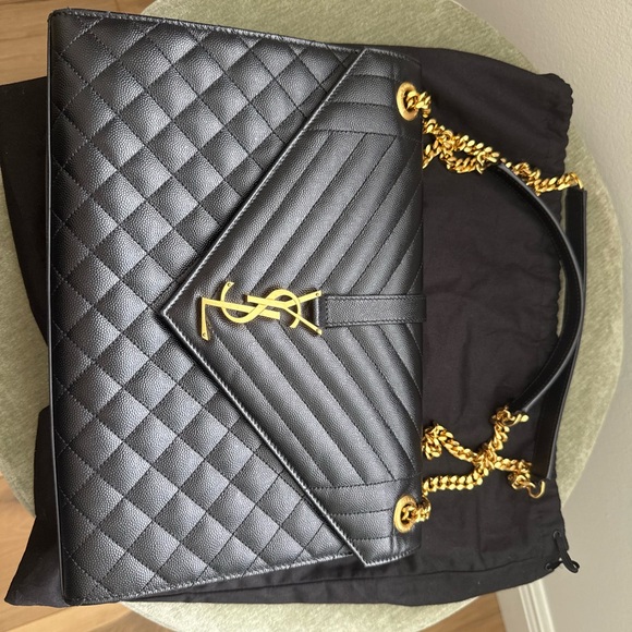 AUTHENTIC LARGE Yves Saint Laurent Black Quilted Leather Bag with Gold Chain - Picture 1 of 8
